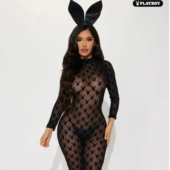 PLAYBOY Black Mesh Bodysuit with Bunny Ears - Picture 1 of 6